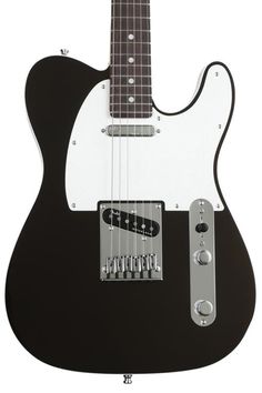 an electric guitar that is black and white