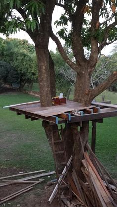 a wooden table sitting in the middle of a lush green field next to a tree