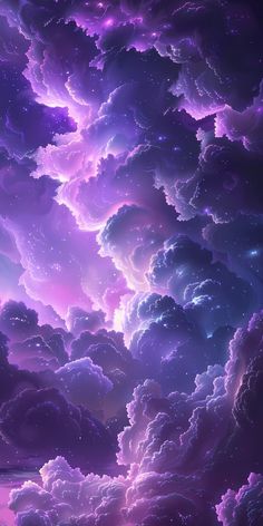 the sky is filled with purple clouds and stars