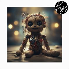 a creepy doll sitting on the ground with lights in the background and an advertise that reads, $ 5