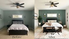 before and after photos of a bedroom with green walls, white bedding and ceiling fan