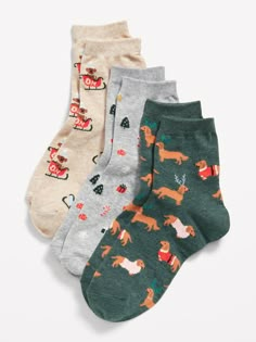 Pack includes 3 pairs of quarter crew socks, each in a different print.  Rib-knit openings.  Notched seams at toe and heel for added comfort.  Soft-knit fabric, with comfortable stretch. Machine wash cold, tumble dry low.  spandex 3% polyester 74% co Cute Stocking Stuffers, Silly Socks, Funky Socks, Fun Socks, Holiday Prints, Cute Socks, Christmas Socks, Cool Socks, Stocking Stuffer