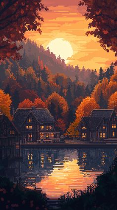 an image of a beautiful sunset with houses by the water and trees in front of it