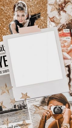 an image of a woman holding a camera in front of her face and magazine pages