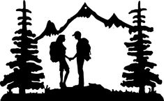 two people with backpacks standing in front of a mountain silhouetted by pine trees