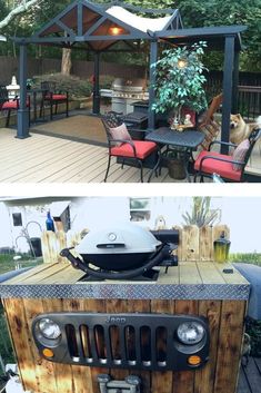 an outdoor bbq with grill and chairs on the deck, and in the back yard