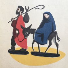 an image of a man and woman with a donkey in front of them on a wall