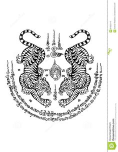 two tigers in the middle of an intricate pattern on a white background, with black and white accents