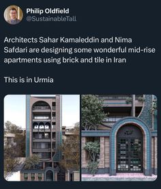 two screenshots of an apartment building with the caption'architecture sahar kamaladin and nima safari are designing some wonderful mid - rise apartments using brick and