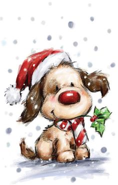 a drawing of a dog wearing a santa hat and holding a holly berry ornament