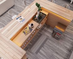 an overhead view of a kitchen and dining area