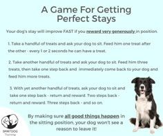 a dog sitting next to a sign that says, a game for getting perfect stays