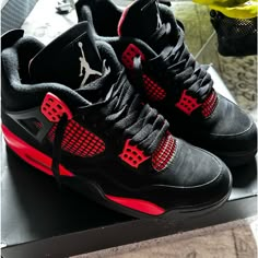 Size Is 9.5 Man Black And Red Jordans 4s, Red And Black Jordans, Nike Shoes Jordan, Casual Shoes Women Sneakers, Jordan 4 Red, Jordan 11s, Jordan Shoes Girls, Preppy Shoes