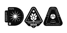 three black and white stickers with different logos on them, one is for tree of eden