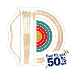 a sticker with the words buy 10 get 50 % off and an arrow on it