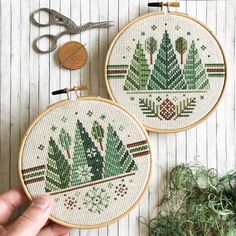 two cross stitch hoops with plants on them