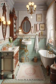 an old fashioned bathroom is decorated in pastel colors