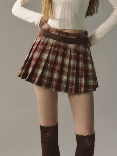 Red & Coffee Plaid Pleated Mini Skirt - CHINASQUAD Pleated Short Bottoms For Fall, Fall Pleated Short Bottoms, High Waist Retro Winter Skirt, Retro High-waist Winter Skirt, Retro High Waist Winter Skirt, Fitted Winter Skirt, Fitted Lined Skirt For Fall, Brown High Waist Stretch Mini Skirt, Brown Stretch High Waist Mini Skirt