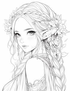 a drawing of a girl with long hair and flowers in her hair, looking to the side