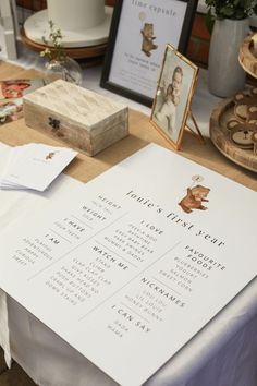 a table topped with a menu and pictures