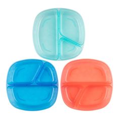 three pieces of plastic food trays on a white background, one is blue and the other is orange