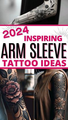 the arm sleeve tattoo design is shown in three different pictures, with text overlaying it