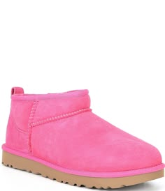 Cute Preppy Shoes, Pink Mini Uggs, Preppy Uggs, Preppy Items, Ultra Mini Uggs, Shoes Preppy, Pink Ugg Boots, Fluffy Shoes, Pink Uggs