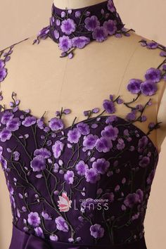 classy purple plum blossom sleeveless high illusion neck dress Dark Purple Dress Short Lace, Mushroom Prom Dress, Purple Rose Dress, Deep Purple Dresses, Dark Purple Wedding Gown, Fitted Purple Dress With Floral Applique, Dark Purple Princess Dress, Plum Purple Aesthetic, Dark Purple Quince Dresses