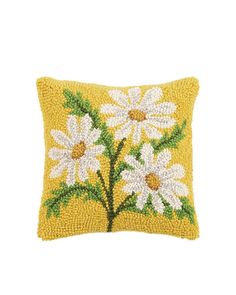 square throw pillow with yellow ground and daisy flowers throughout Hook Pillow, Daisy Pillows, Hooked Pillow, Comfy Couch, Small Pillows, Curated Gifts, Cotton Velvet, Rug Hooking, Accent Pillow