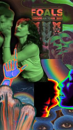 a collage of images with different people and colors in the background, including an image of a woman holding her hand up