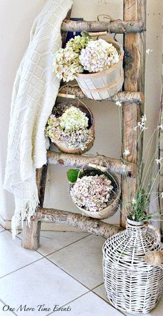 an old ladder is used as a shelf for flower pots and other decorative items to display