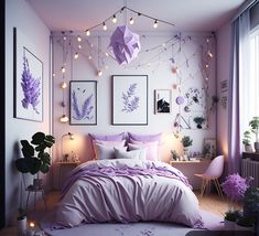 Lavender colour bedroom in the evening scene. Plush beautiful, creative and colourful. White and lavender dominate, pink color rests back and shows up in few places. Beautiful art frames and everything lavender spread across the room create the beauty. There are also green plants and string lights hung up in the bedroom. Declutter Room, Lilac Room, Purple Girls Bedroom, Lilac Bedroom, Lavender Bedroom