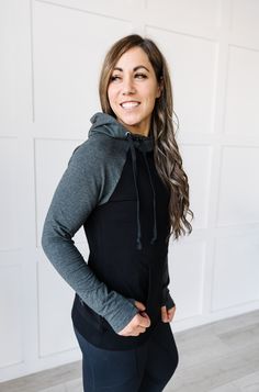 This is the perfect all-year sweatshirt, from cool summer nights to winter workouts, this hoodie will keep you warm and covered! It features a double-layered, stretchy fabric that keeps you warm while still giving you some room for layers. The oversized hood keeps your neck covered from any cool breeze and your head protected from all weather. My all-time favorite feature is the soft thumb-holes on the sleeves and the front pocket. I designed the sleeves to be a little longer, keeping your hands Comfy Hooded Workout Hoodie, Fleece Activewear With Adjustable Hood For Workout, Urban Sports Tops For Fall, Urban Sports Top For Fall, Comfy Winter Workout Sweatshirt, Cozy Fit Hooded Hoodie For Workout, Comfy Hooded Sweatshirt For Workout, Casual Activewear With Adjustable Hood For Fall, Sporty Funnel Neck Top For Loungewear