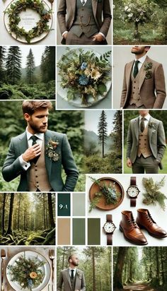 a collage with many different pictures including trees, plants and men's clothing