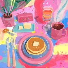 a painting of pancakes and coffee on a table