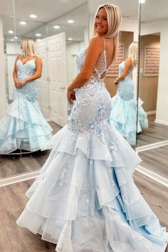 Light Blue 3D Floral Lace Tiered Trumpet Long Prom Dress – Modsele Mermaid Grad Dresses, Winter Court, Light Blue Prom, Prom Proposals, Trumpet Prom Dress, Tiered Prom Dress, Light Blue Prom Dress, Prom Inspo, Dresses Unique