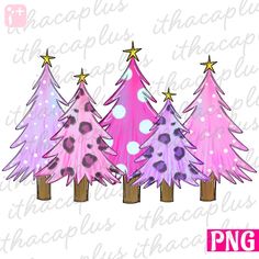 three pink and purple christmas trees with gold stars on them, in front of a white background