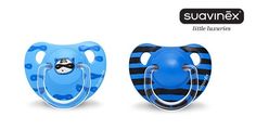 two blue pacifiers with black and white stripes, one is shaped like an animal