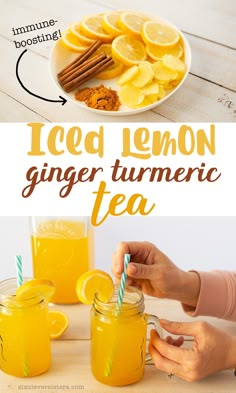 the recipe for iced lemon ginger turment tea is shown in two separate images