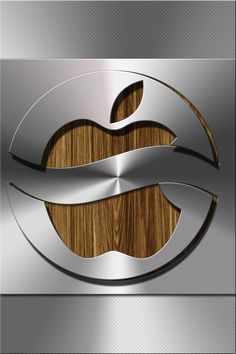 an apple logo is shown on a metal background with wood grain and silver color scheme