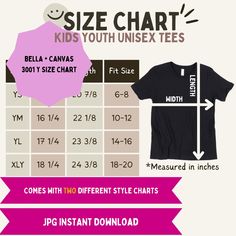 INSTANT DIGITAL DOWNLOAD ** Download available after purchase, NO physical item will be sent** Add to your shops listings this Bella + Canvas 3001 Y Unisex Tee size guide. This size chart shows the width, length, and sleeve measured in inches.  This chart will be helpful for shoppers and draw in more sales to your business. YOU WILL RECEIVE: ▸ 2 (two) high-resolution JPG files, containing your Bella + Canvas 3001 Y Unisex Tee size guide (1 (one) size chart with brand of shirt,1 (one) size chart Canvas Size Guide, Style Chart, Girl Problems, Size Charts, Black Flats, Business Logo, Digital Download Etsy, Shirts For Girls, Canvas Size