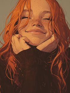 a girl with red hair and freckles on her face is looking up at the sky