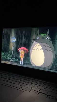 a person holding an umbrella in front of a laptop screen with the image of totoro on it