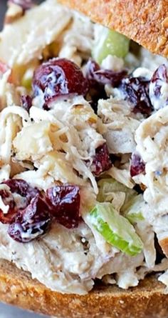 a chicken salad sandwich with cranberries and lettuce