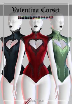 three mannequins in different colors with the words valentine corset