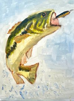 a painting of a fish with a lure in it's mouth