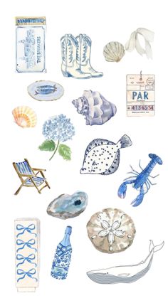 watercolor illustration of seashells, shells, and other items on white paper