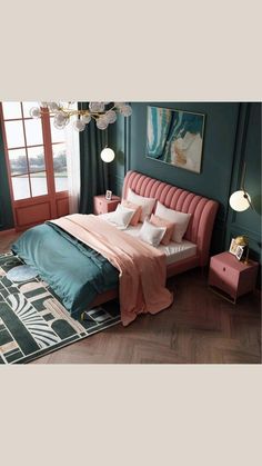 a bedroom with teal walls and pink bedding in the corner, along with a rug on the floor