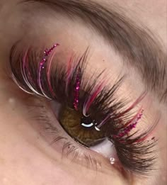 Lash Extensions With Glitter, Valentine Lashes, Lash Extensions Styles With Color, Lash Extensions Color, Glitter Eyelash Extensions, Glitter Lash Extensions, Color Lash Extensions, Glitter Lashes