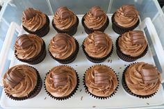 cupcakes with chocolate frosting in a plastic container